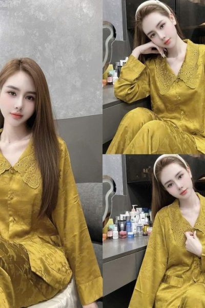 Embroidered scalloped collar long-sleeve pajama set