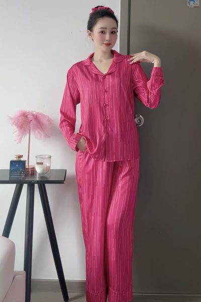 Radiant Magenta Striped Mulberry Silk Pajama Set with Matching Scrunchie
