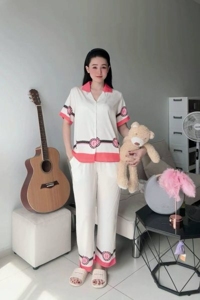 Silky Graphic Trim Short-Sleeve Pajama Set