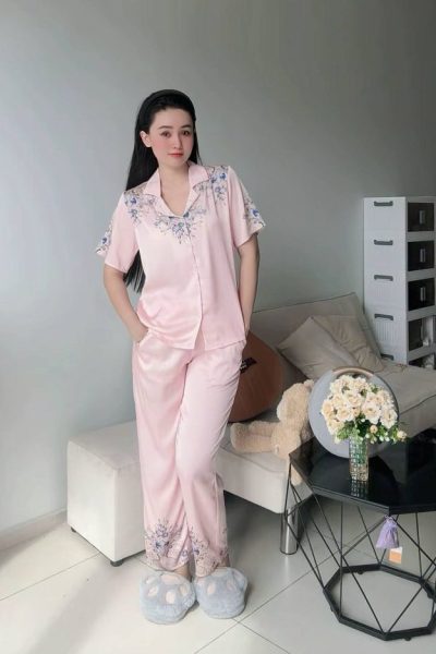 Blush Pink Mulberry Silk Floral Short-Sleeve Pajama Set